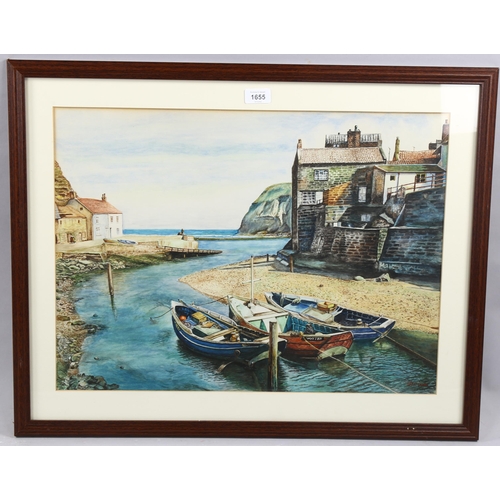 1655 - H Bateman, watercolour, Whitby harbour, signed, 43cm x 57cm, framed