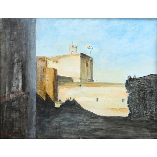 1656 - Jean Crummack, oil on board, Alhambra, Grenada, Exhibition labels verso, 40cm x 50cm, framed