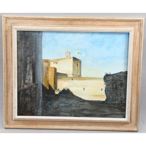 1656 - Jean Crummack, oil on board, Alhambra, Grenada, Exhibition labels verso, 40cm x 50cm, framed