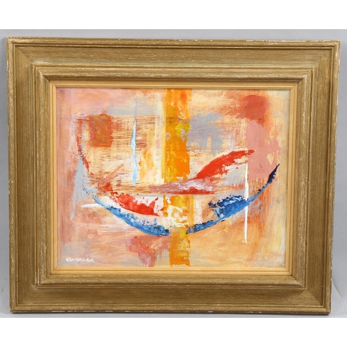 1657 - Jean Crummack, acrylic on board, abstract, signed, 30cm x 38cm, framed