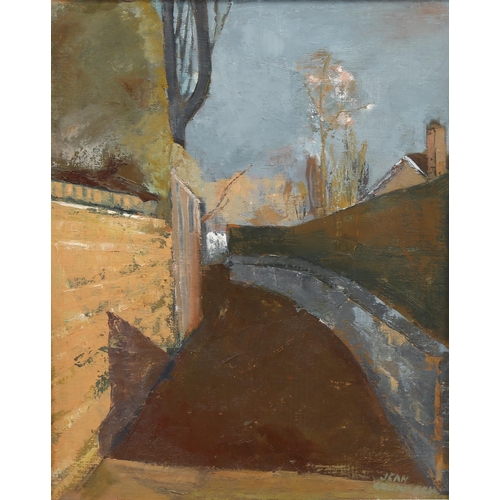 1659 - Jean Crummack, oil on board, path by a wall, signed, 50cm x 40cm, framed