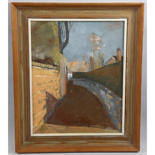 1659 - Jean Crummack, oil on board, path by a wall, signed, 50cm x 40cm, framed