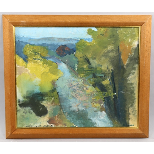 1661 - Jean Crummack, 2 oils on board and canvas, a country lane, 50cm x 75cm, and abstract landscape, 50cm... 