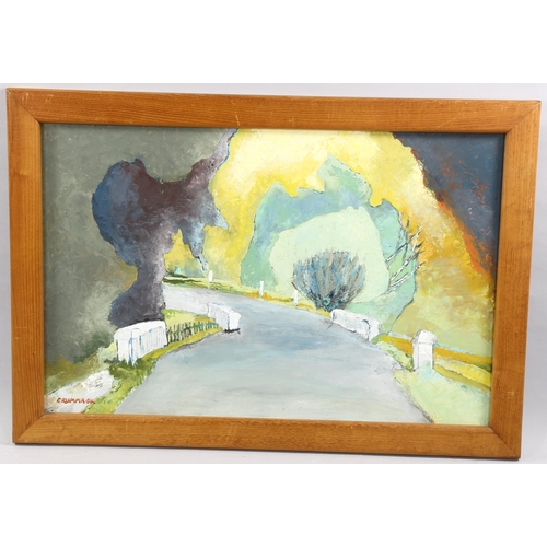 1661 - Jean Crummack, 2 oils on board and canvas, a country lane, 50cm x 75cm, and abstract landscape, 50cm... 