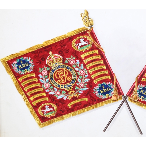 1666 - Watercolour gouache design for the Colours of the King's Dragoon Guards, unsigned, 24cm x 40cm, moun... 