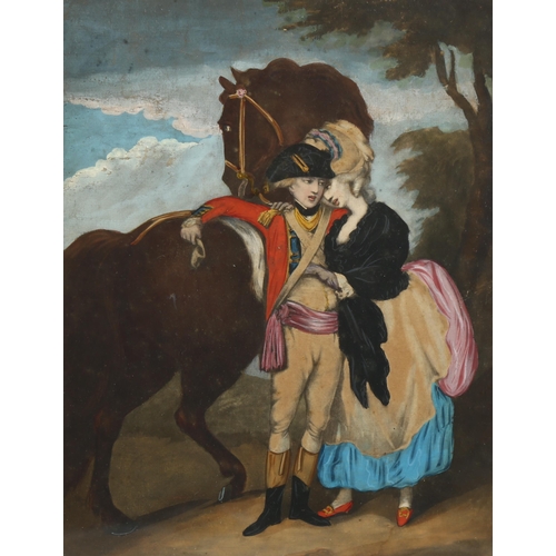 1667 - Early 19th century watercolour over printed base, Cavalry Officer and woman beside a horse, 33cm x 2... 