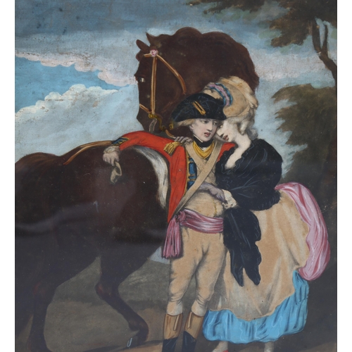 1667 - Early 19th century watercolour over printed base, Cavalry Officer and woman beside a horse, 33cm x 2... 