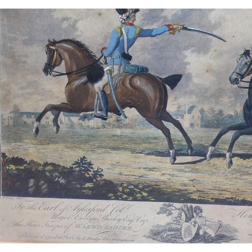 1668 - C Williams after E Rudge, hand coloured engraving, Cavalry Officers, published 1801, image 31cm x 42... 