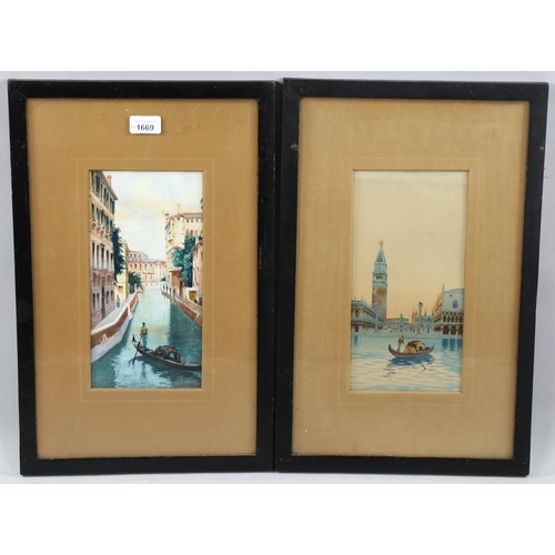 1669 - 2 watercolours, Venetian canal scenes, circa 1900, 28cm x 14cm, framed