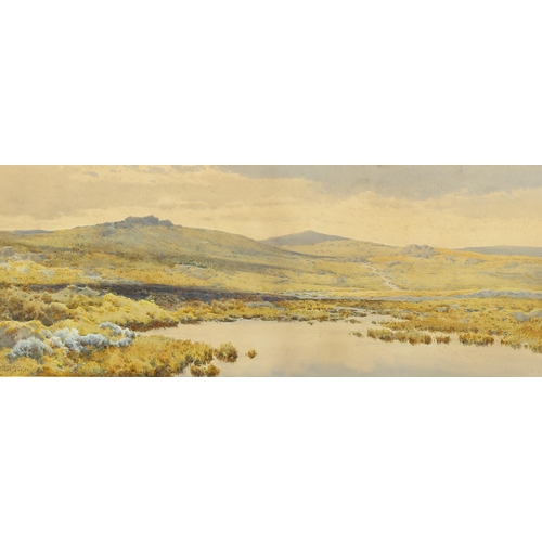 1672 - Arthur Suker, watercolour, an autumn day on Dartmoor, 25cm x 62cm, framed