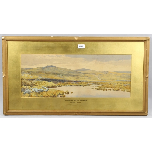 1672 - Arthur Suker, watercolour, an autumn day on Dartmoor, 25cm x 62cm, framed