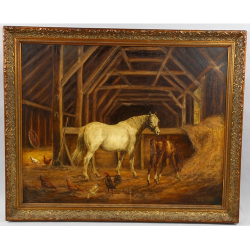 1677 - B Collins, early to mid-20th century oil on canvas, barn interior, signed, 60cm x 77cm, framed