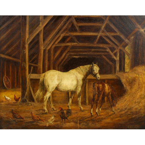 1677 - B Collins, early to mid-20th century oil on canvas, barn interior, signed, 60cm x 77cm, framed