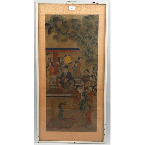 1684 - Chinese watercolour court scene circa 1900, image 77cm x 34cm, framed