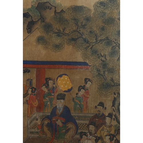 1684 - Chinese watercolour court scene circa 1900, image 77cm x 34cm, framed