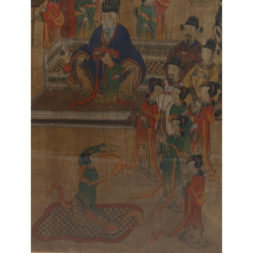 1684 - Chinese watercolour court scene circa 1900, image 77cm x 34cm, framed