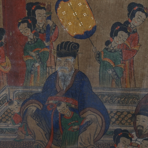 1684 - Chinese watercolour court scene circa 1900, image 77cm x 34cm, framed