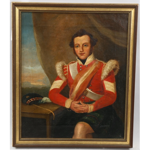 1694 - 19th century oil on canvas, portrait of Highland soldier, unsigned, 45cm x 36cm, framed