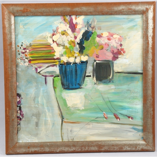 1698 - Acrylic on board, still life, unsigned, 40cm x 40cm, framed