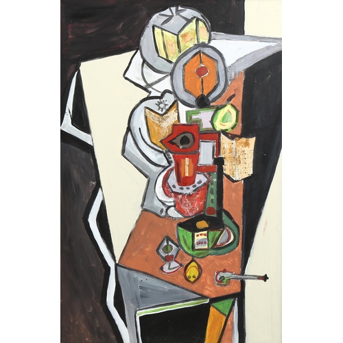 1701 - Contemporary acrylic on board, abstract still life, unsigned, 51cm x 76cm, framed