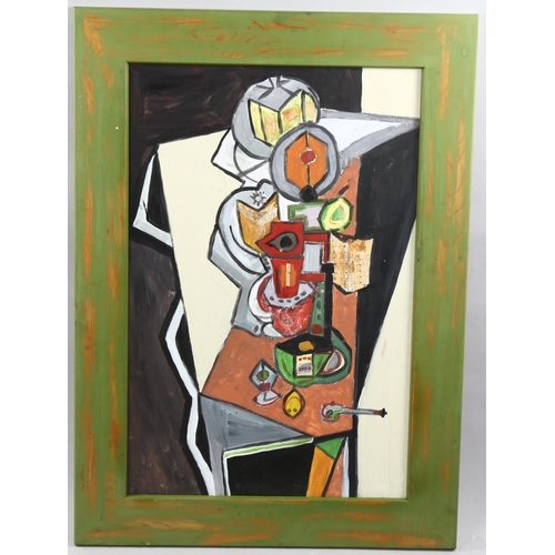 1701 - Contemporary acrylic on board, abstract still life, unsigned, 51cm x 76cm, framed