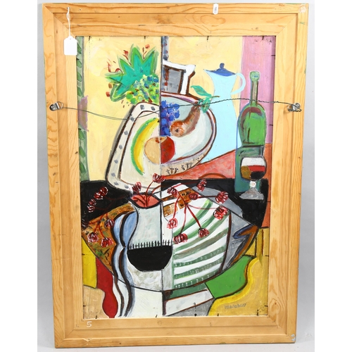 1701 - Contemporary acrylic on board, abstract still life, unsigned, 51cm x 76cm, framed