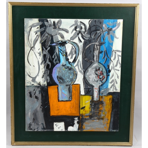 1703 - Contemporary acrylic on board, abstract still life, unsigned, 61cm x 51cm, framed