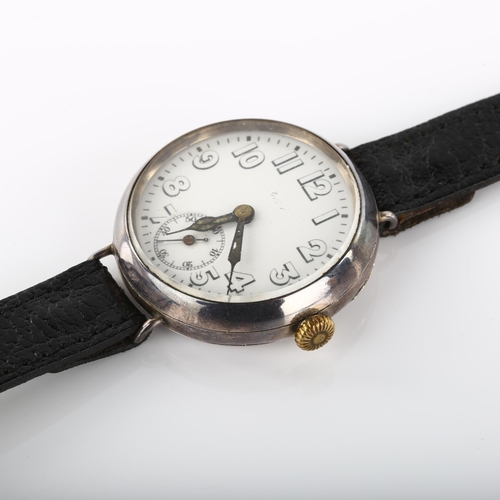 12 - A First World War Period silver Officer's trench mechanical wristwatch, white dial with Arabic numer... 