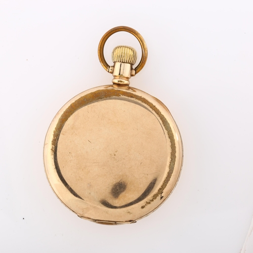 28 - An early 20th century gold plated half hunter keyless pocket watch, white enamel dial with Roman num... 