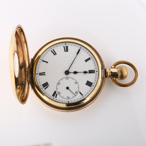 28 - An early 20th century gold plated half hunter keyless pocket watch, white enamel dial with Roman num... 