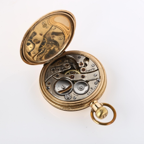 28 - An early 20th century gold plated half hunter keyless pocket watch, white enamel dial with Roman num... 