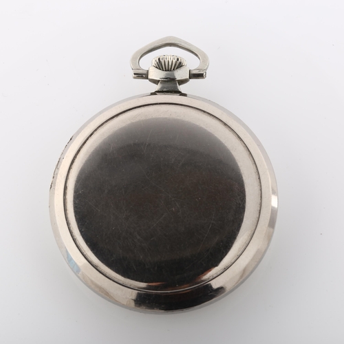 29 - LONGINES - an Art Deco chrome plated open-face keyless pocket watch, silvered dial with Arabic numer... 