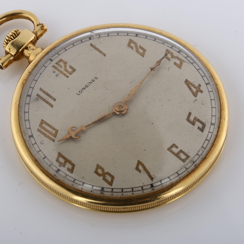 32 - LONGINES - an Art Deco 9ct gold slimline open-face keyless pocket watch, silvered dial with gilt Ara... 