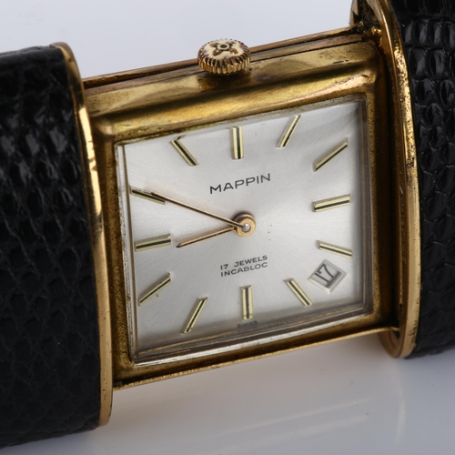 34 - MAPPIN - an Art Deco leather and gold plated travelling bedside mechanical timepiece, silvered dial ... 