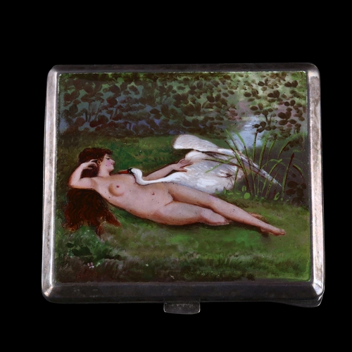 523 - An Antique silver plated enamel cigarette case, hand painted cover depicting Leda and the Swan, with... 