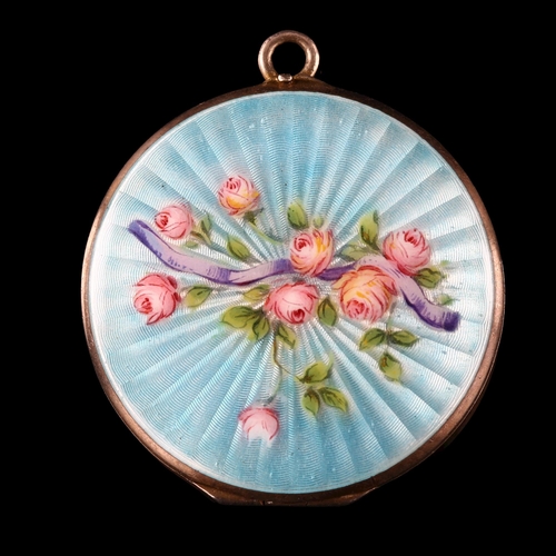 533 - A Continental enamel memorial photo locket pendant, unmarked silver settings with hand painted rose ... 