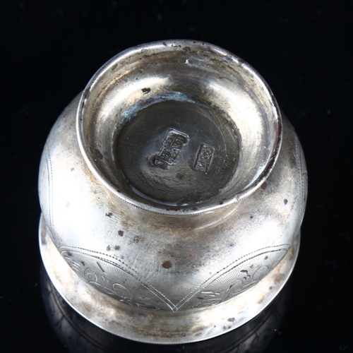 551 - A 19th century Russian silver salt cellar, with bright-cut engraved decoration, diameter 5cm, 0.8oz