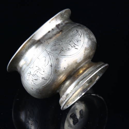 551 - A 19th century Russian silver salt cellar, with bright-cut engraved decoration, diameter 5cm, 0.8oz