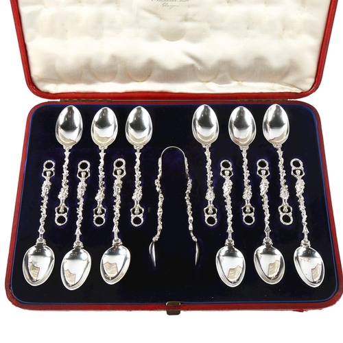 565 - A cased set of 12 Victorian Scottish silver teaspoons and pair of sugar tongs, by R & W Sorley, hall... 