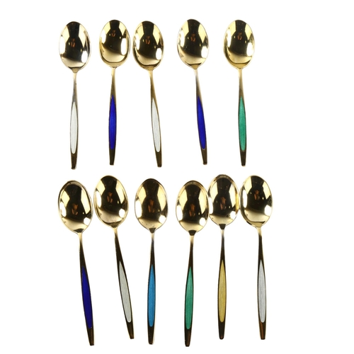 567 - MEKA - a set of 11 Danish vermeil sterling silver and harlequin enamel coffee spoons, length 9cm