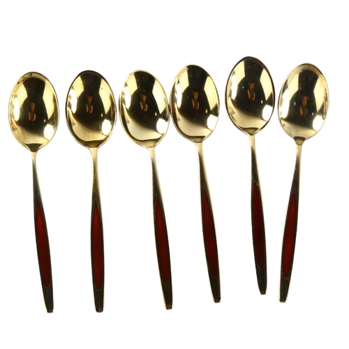 568 - MEKA - a set of 6 Danish vermeil sterling silver and red enamel coffee spoons, length 9cm