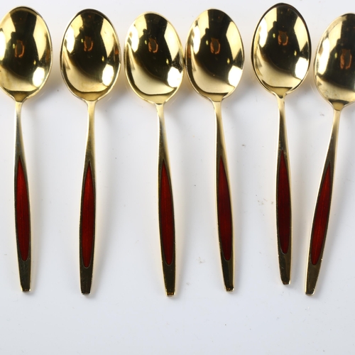 568 - MEKA - a set of 6 Danish vermeil sterling silver and red enamel coffee spoons, length 9cm