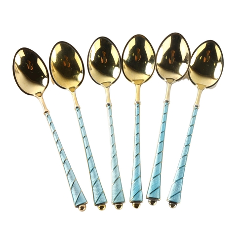 569 - EGON LAURIDSEN - a set of 6 Danish vermeil sterling silver and blue enamel coffee spoons, length 9.5... 