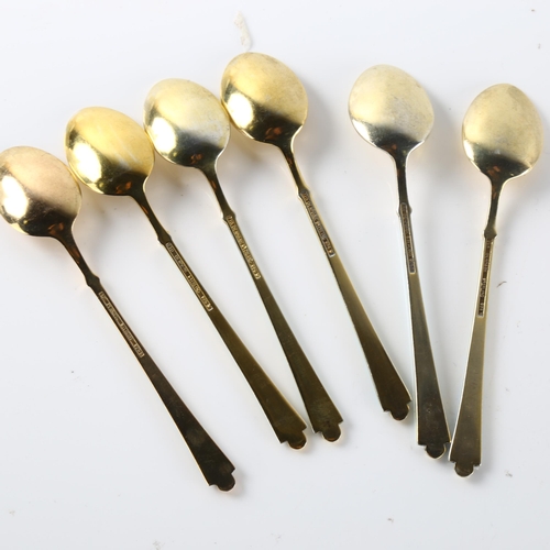 569 - EGON LAURIDSEN - a set of 6 Danish vermeil sterling silver and blue enamel coffee spoons, length 9.5... 