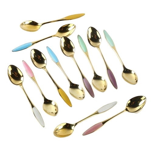 570 - FRIGAST - a set of 12 Danish vermeil sterling silver and harlequin enamel coffee spoons, length 9.5c... 