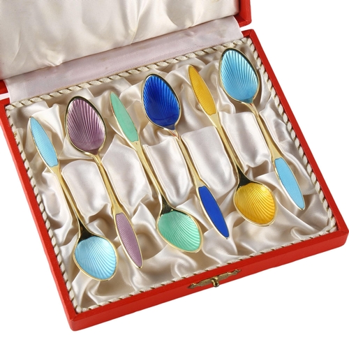 571 - FRIGAST - a set of 6 Danish vermeil sterling silver and harlequin enamel coffee spoons, with enamel ... 