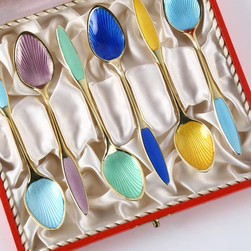 571 - FRIGAST - a set of 6 Danish vermeil sterling silver and harlequin enamel coffee spoons, with enamel ... 