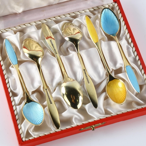 571 - FRIGAST - a set of 6 Danish vermeil sterling silver and harlequin enamel coffee spoons, with enamel ... 