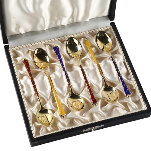 572 - EGON LAURIDSEN - a set of 6 Danish vermeil sterling silver and harlequin enamel coffee spoons, lengt... 