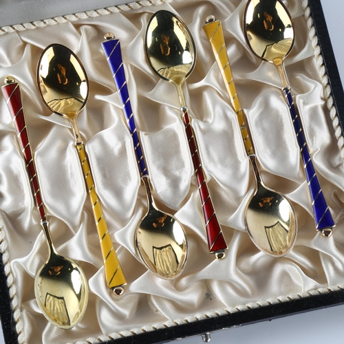 572 - EGON LAURIDSEN - a set of 6 Danish vermeil sterling silver and harlequin enamel coffee spoons, lengt... 